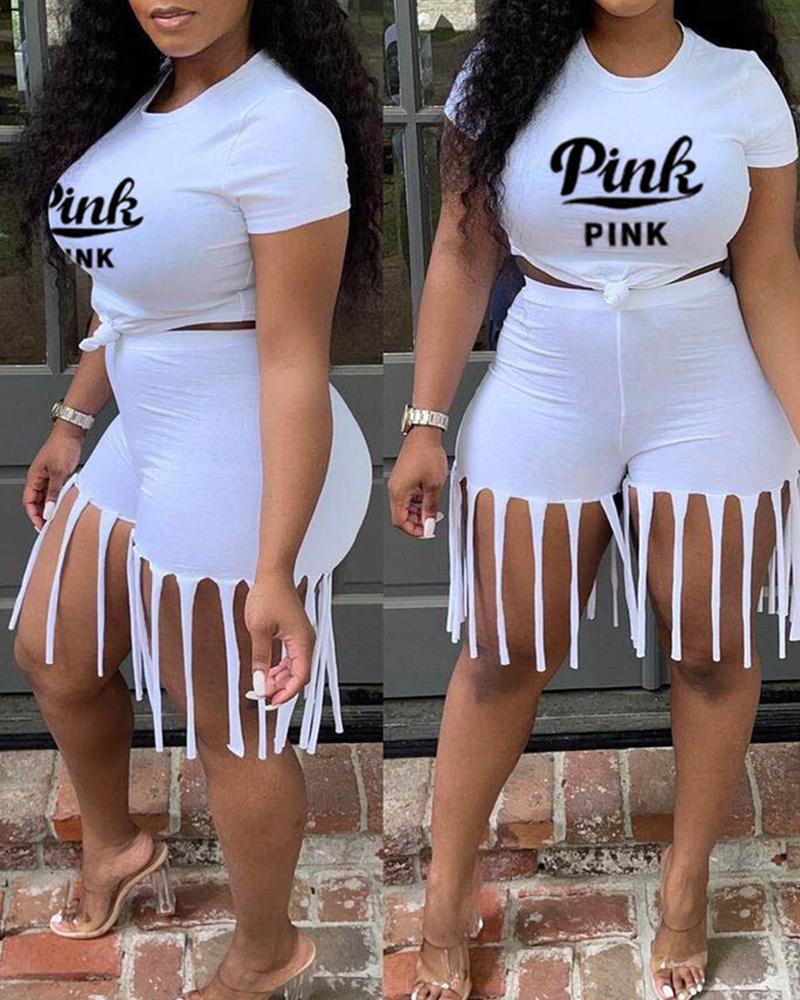 

Letter Print O Neck Crop Fringe Top & Shorts Sets, White