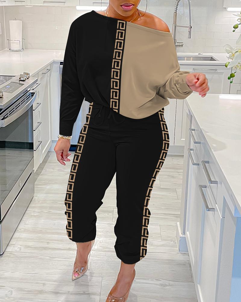 

Geometric Print Colorblock Skew Neck Top & Drawstring Pants Set, Black