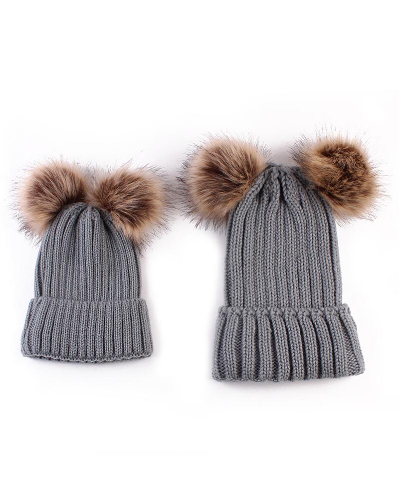 

2PCS/Set Parent-baby Double Pom Pom Knit Cuffed Beanie, Gray