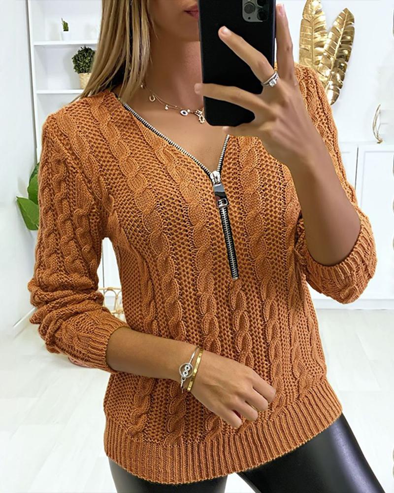 

Zipper Front V-Neck Cable Knit Sweater, Orange