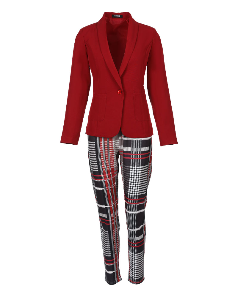

Shawl Collar Single Button Blazer & Plaid Pants Set, Wine red