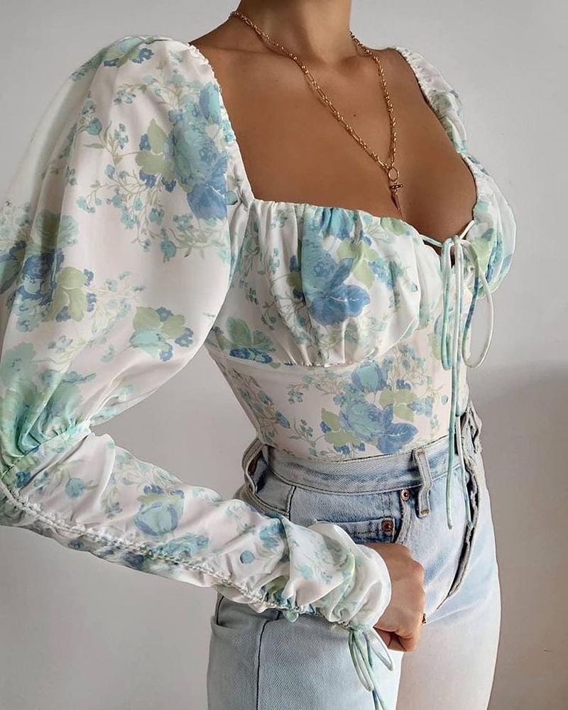 

Floral Print Tied Design Ruched Long Sleeve Top, White