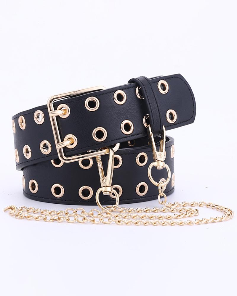 

Double Eyelets Chain Decor Fashion Belt, Black