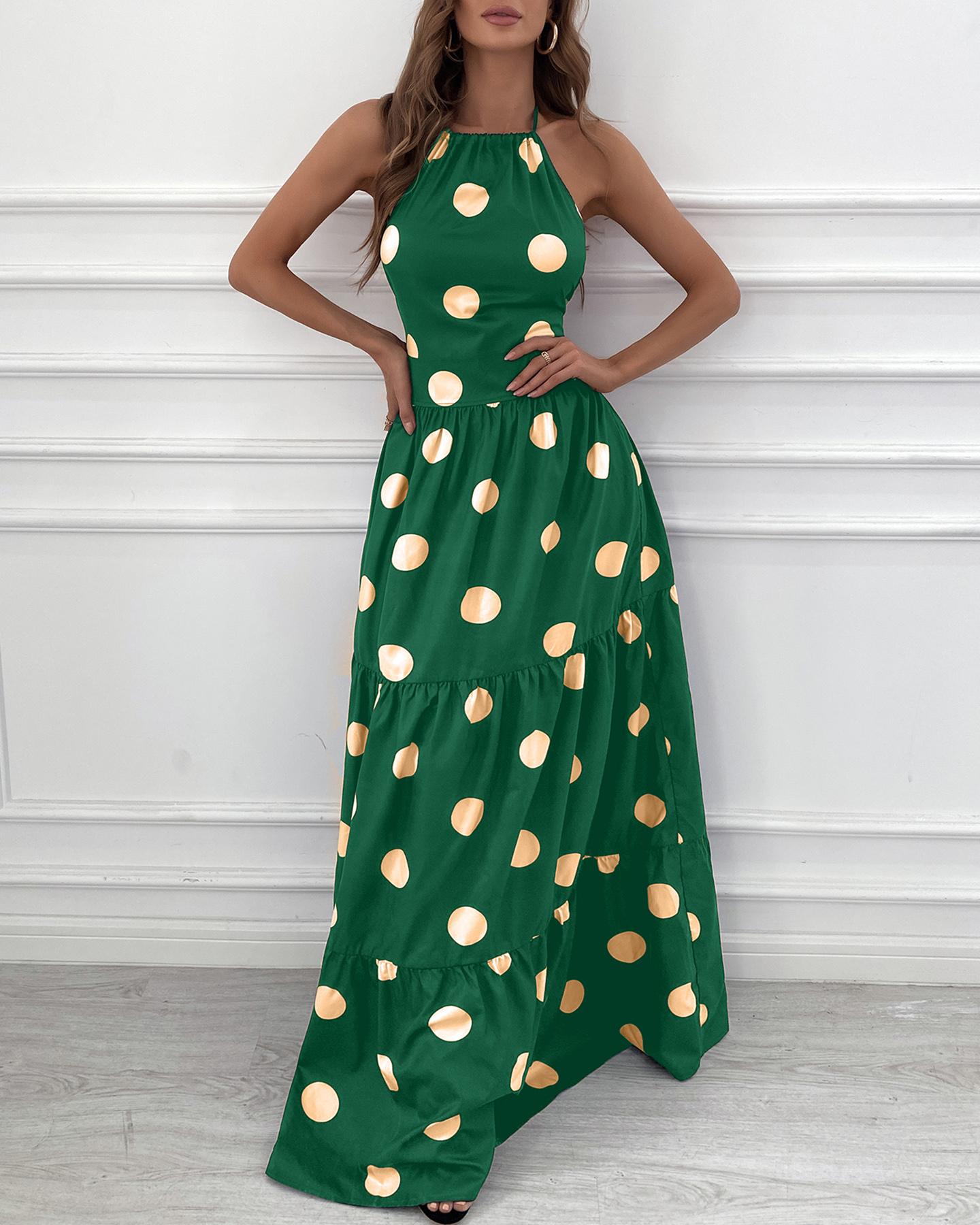 

Polka Dot Print Halter Backless Ruched Maxi Dress, Green