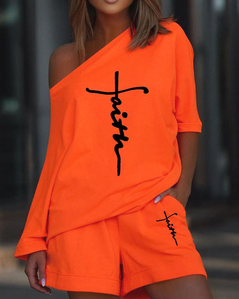 

Faith Print Casual Top & Shorts Set, Orange
