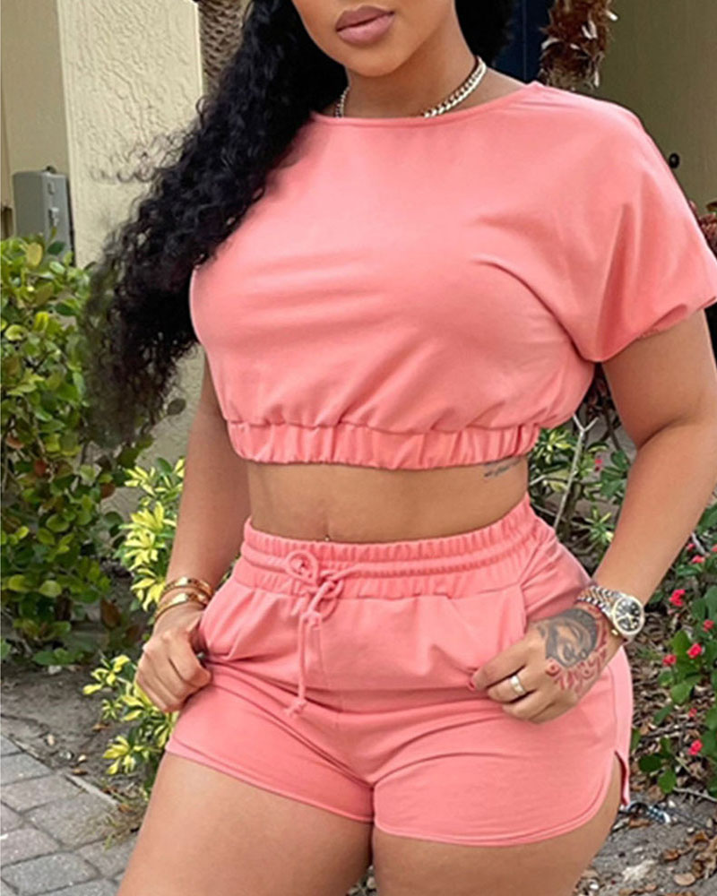 

Short Sleeve Crop Top & Drawstring Pocket Design Shorts Set, Pink