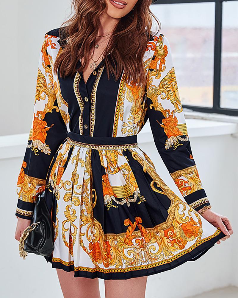 

Baroque Print Button Down Shirt & Pleated Skirt Set, Yellow