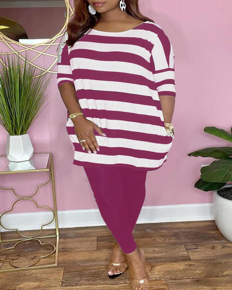 

Plus Size Striped Print Long Sleeve Top & Pants Set, Hot pink