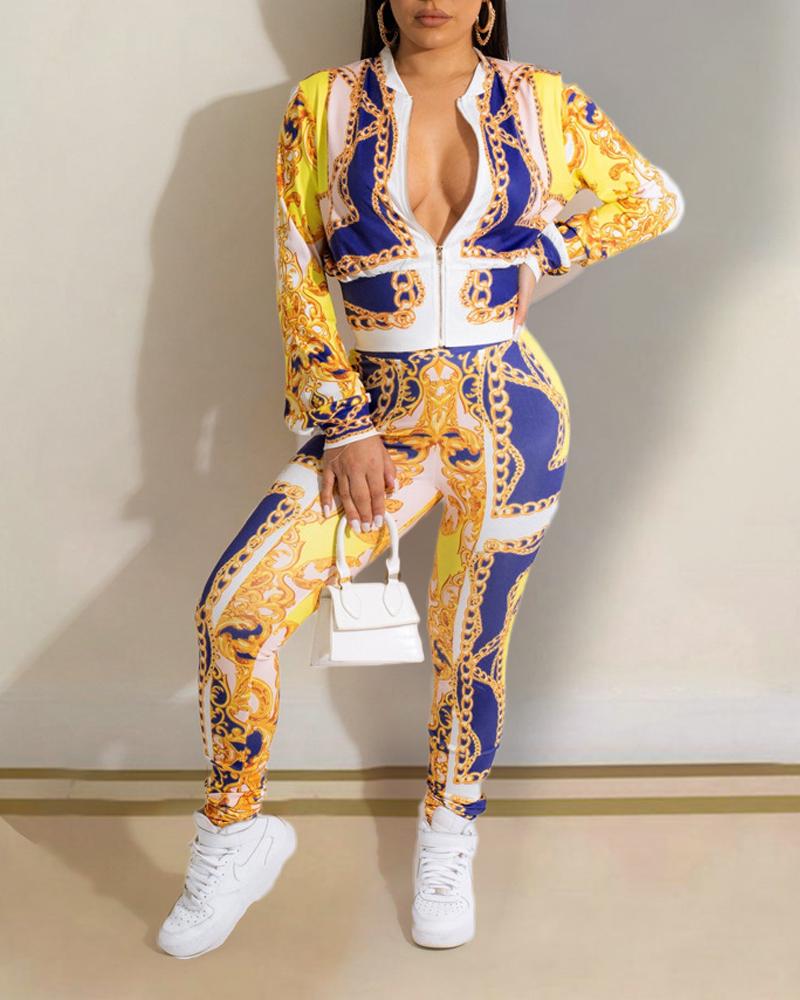 

Scarf Chain Baroque Print Zip Up Top & Pants Set, Yellow