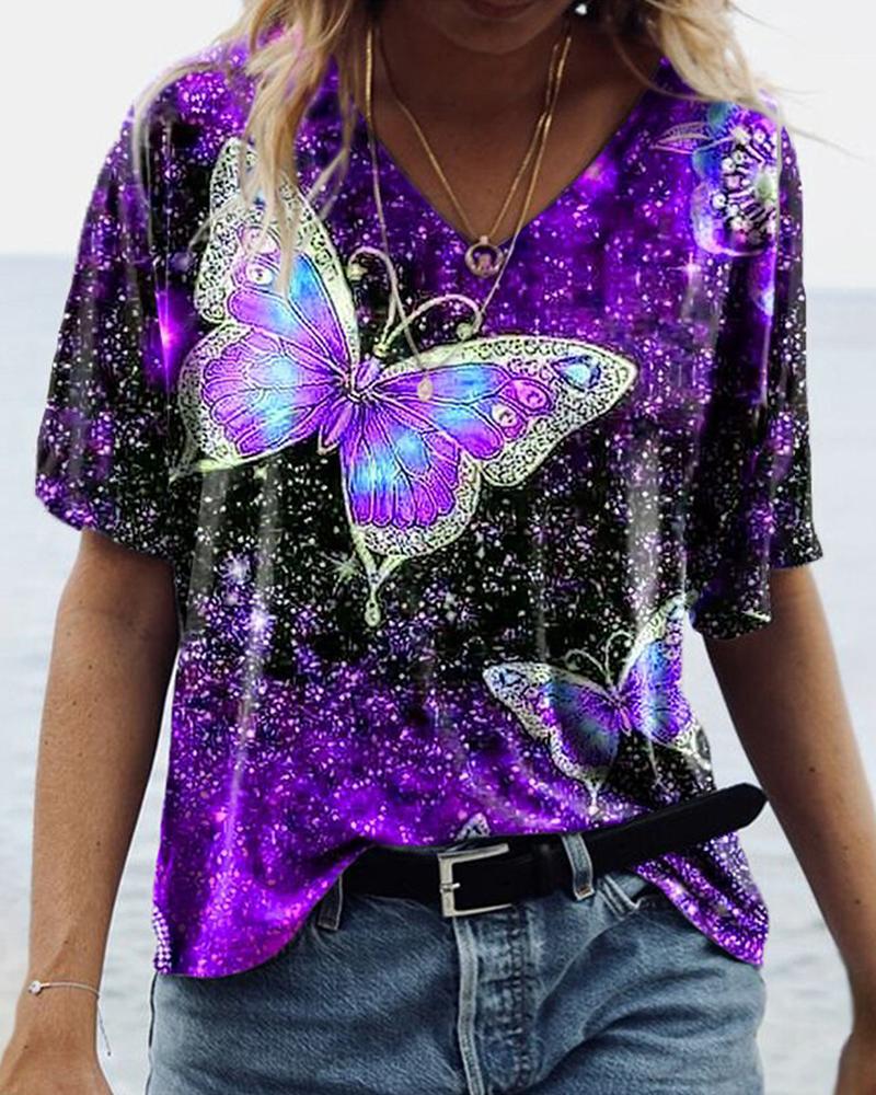 

Butterflies Print Short Sleeve T-shirt, Purple