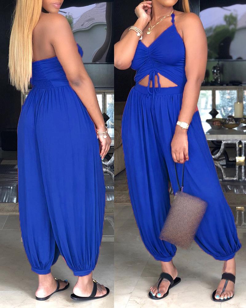 

Halter Drawstring Ruched Backless Cutout Jumpsuit, Blue