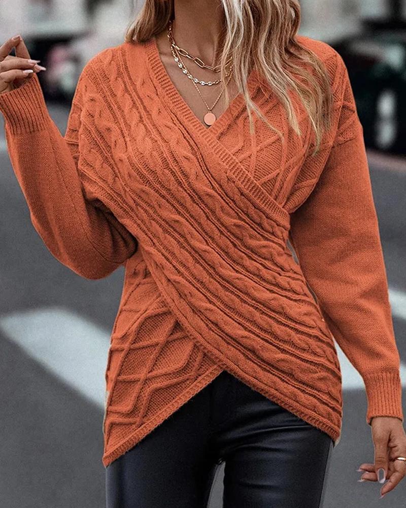 

V-Neck Long Sleeve Overlap Braided Knit Sweater, Orange