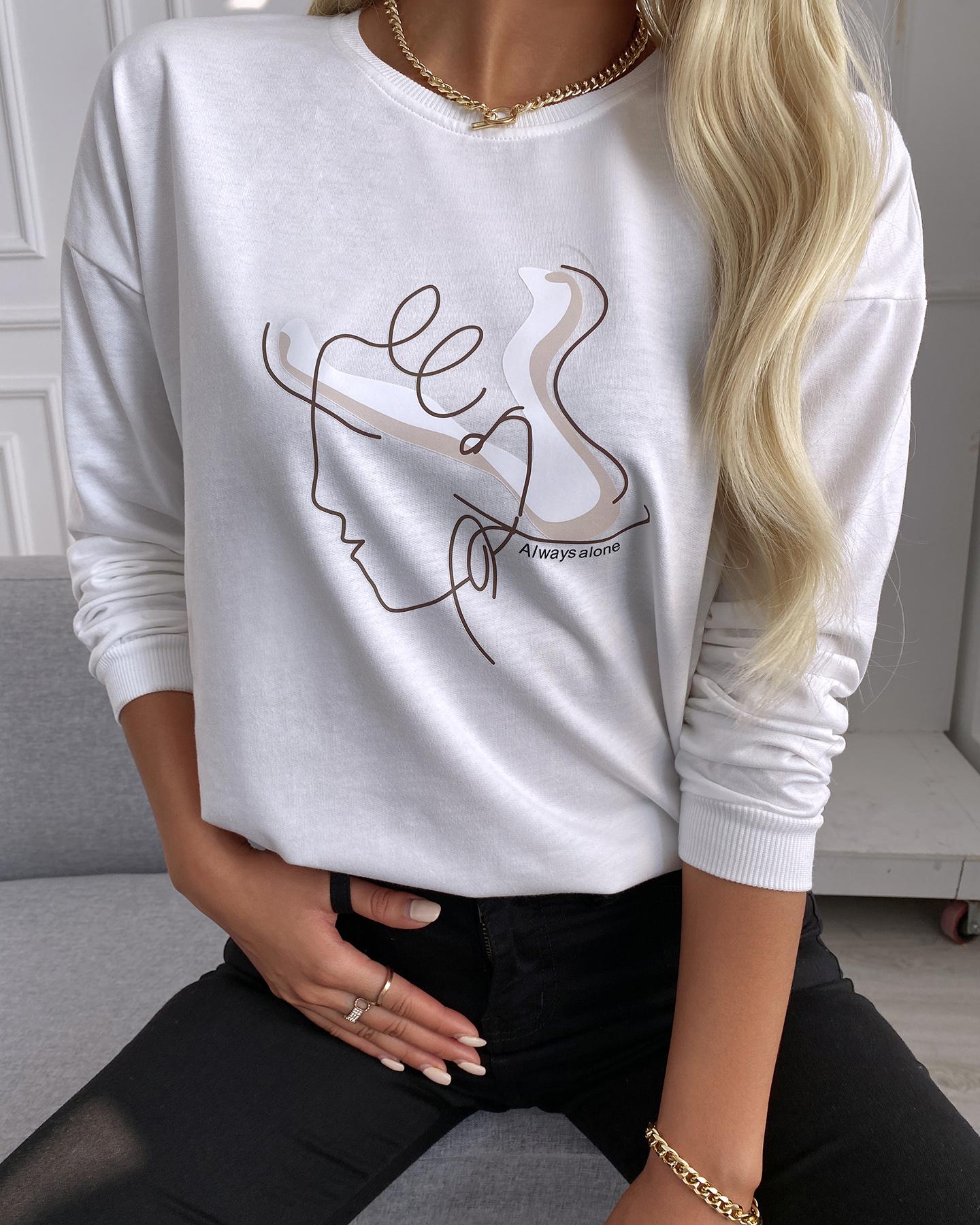 

Abstract Print Long Sleeve Casual T-shirt, White