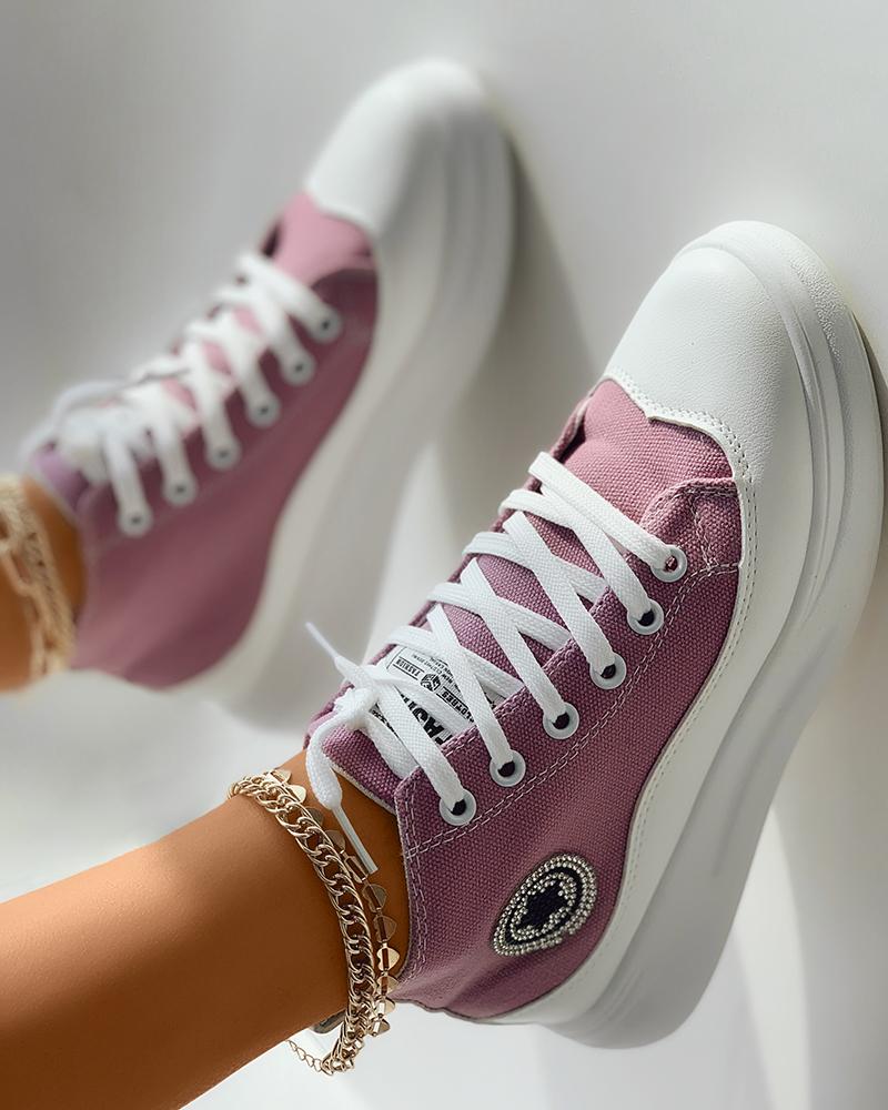 

Rhinestone Star Pattern Eyelet Lace-up Flatform Canvas Shoes, Pink