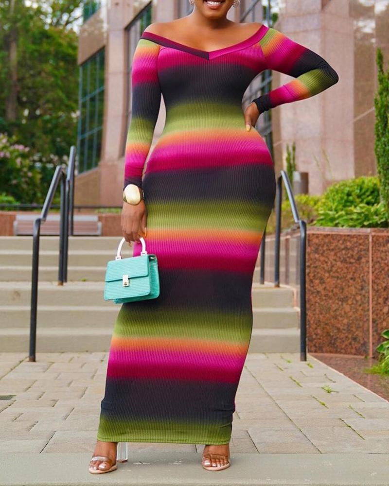 

Striped Colorblock Long Sleeve Skinny Maxi Dress, Multicolor