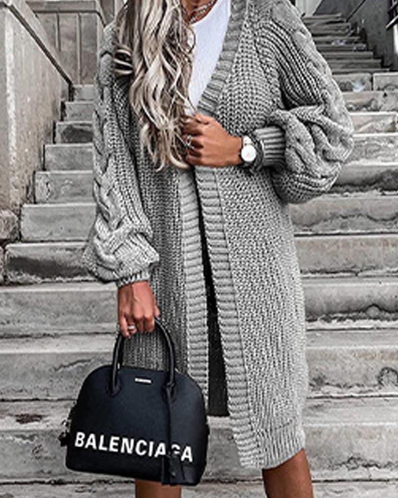

Open Front Cable Knit Lantern Sleeve Cardigan, Gray