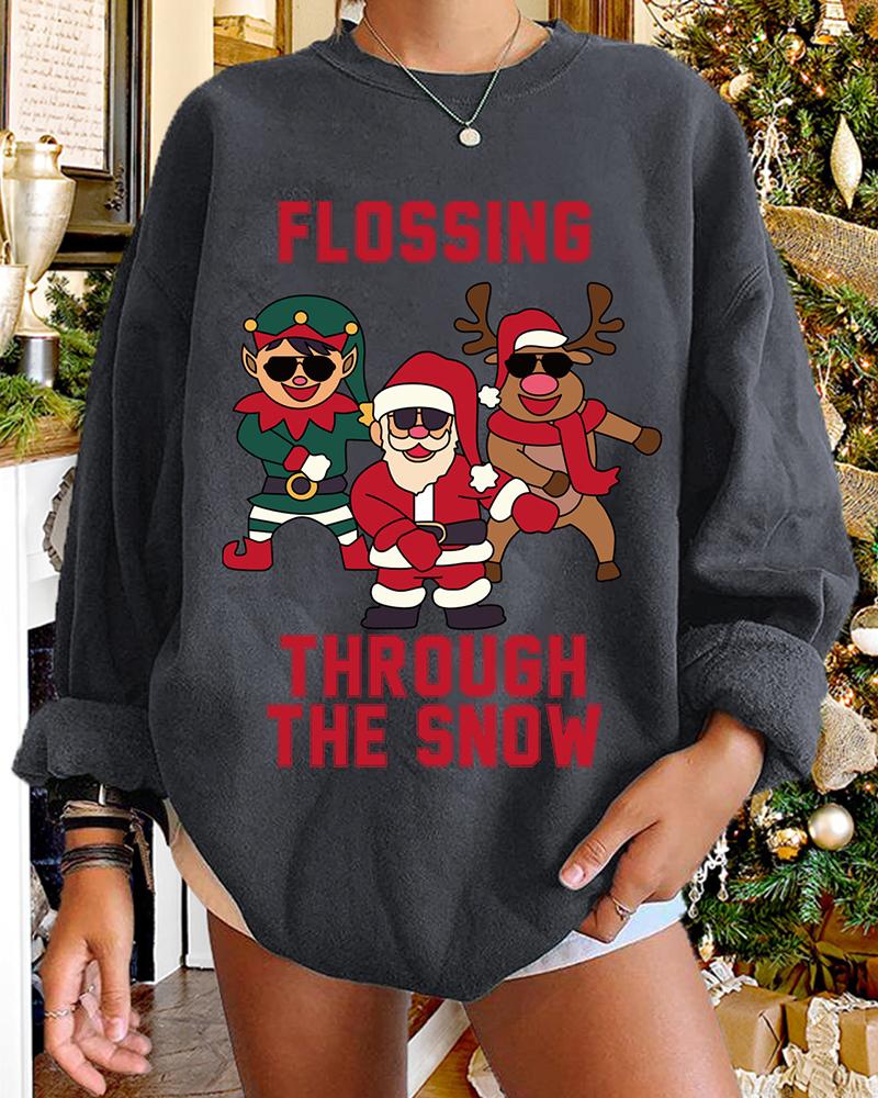 

Christmas Santa Elf Elk Dance Letter Print Long Sleeve Sweatshirt, Gray