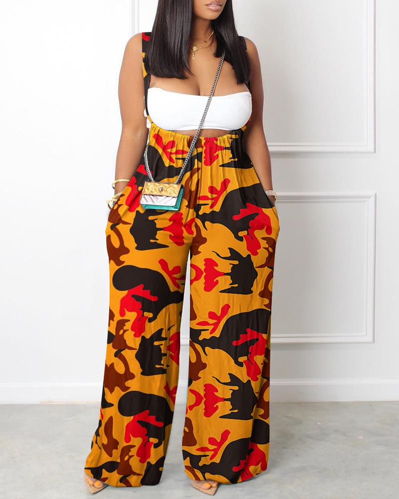 

Camouflage Print Wide Leg Suspender Jumpsuit, Multicolor