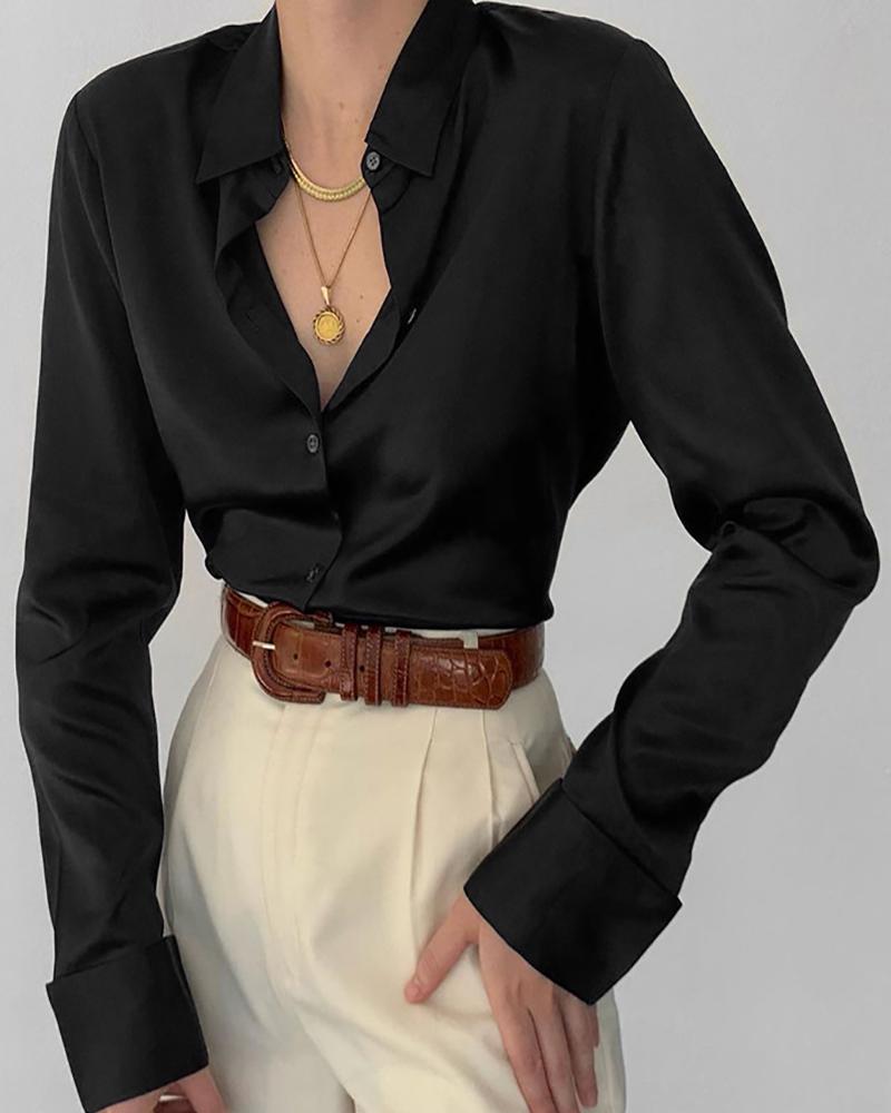 

Bell Long Sleeve Satin Buttoned Top, Black
