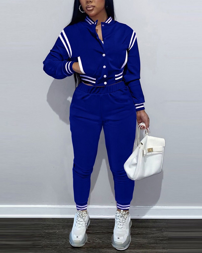 

Contrast Paneled Crop Baseball Jacket & Pants Set, Blue