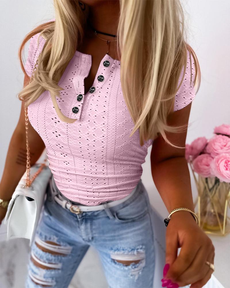 

Buttoned Eyelet Embroidery Short Sleeve Top, Pink