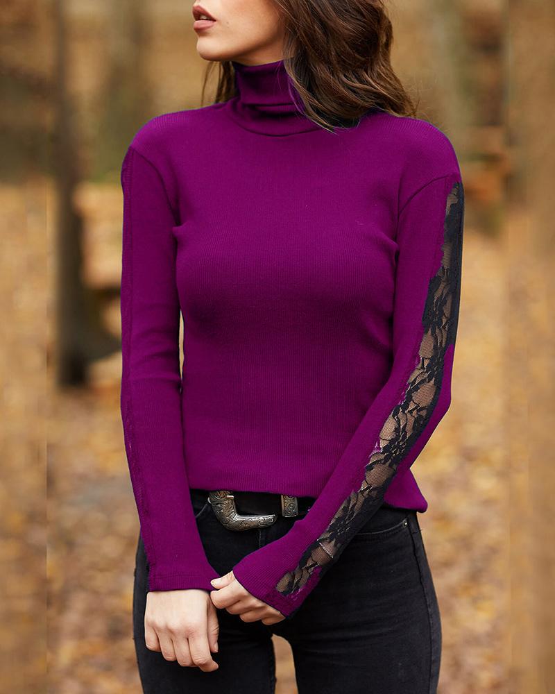 

Contrast Lace High Neck Long Sleeve Knit Top, Purple