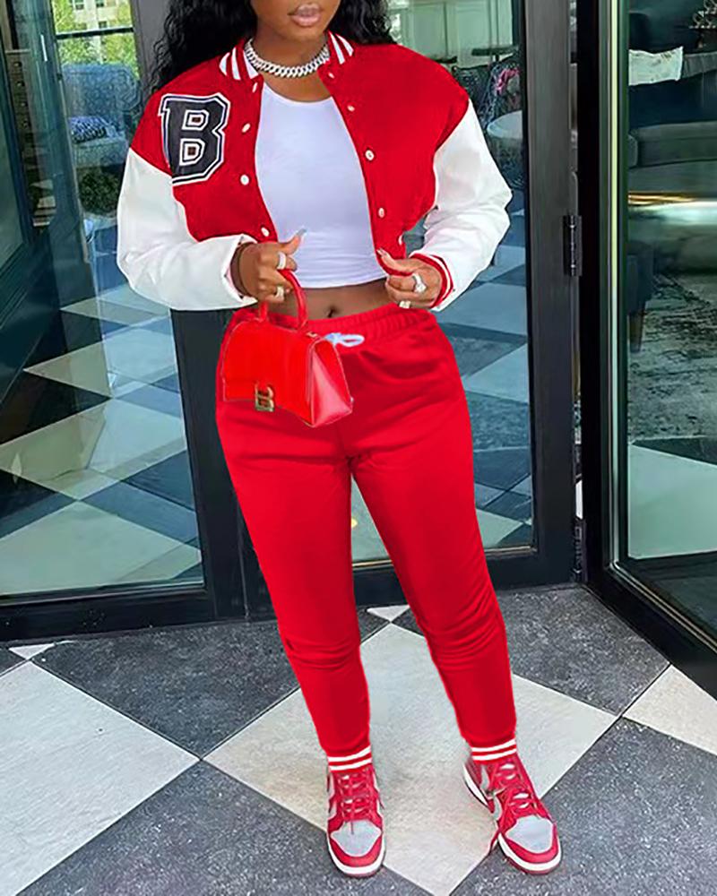 

Letter Print Colorblock Baseball Jacket & Drawstring Pants Set, Red