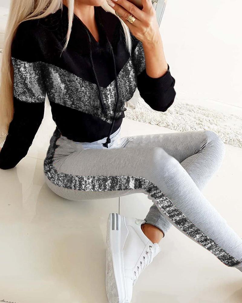 

Sequins Colorblock Hooded Top & Pants Set, Black