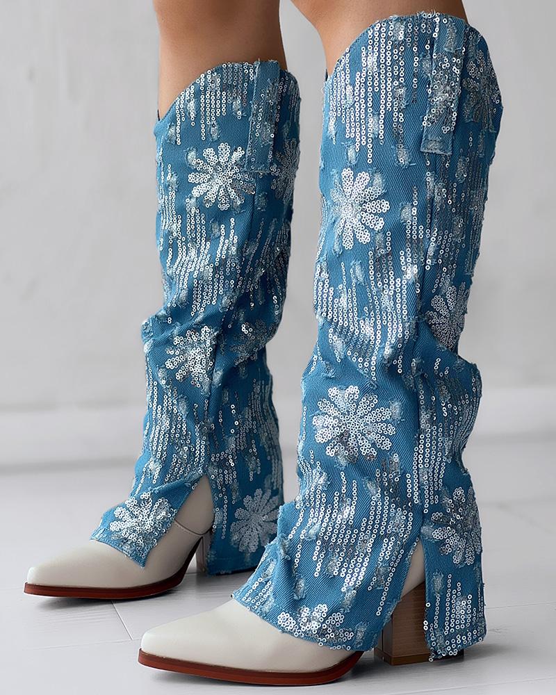 

Sequin Floral Pattern Slit Chunky Heel Denim Boots, Blue