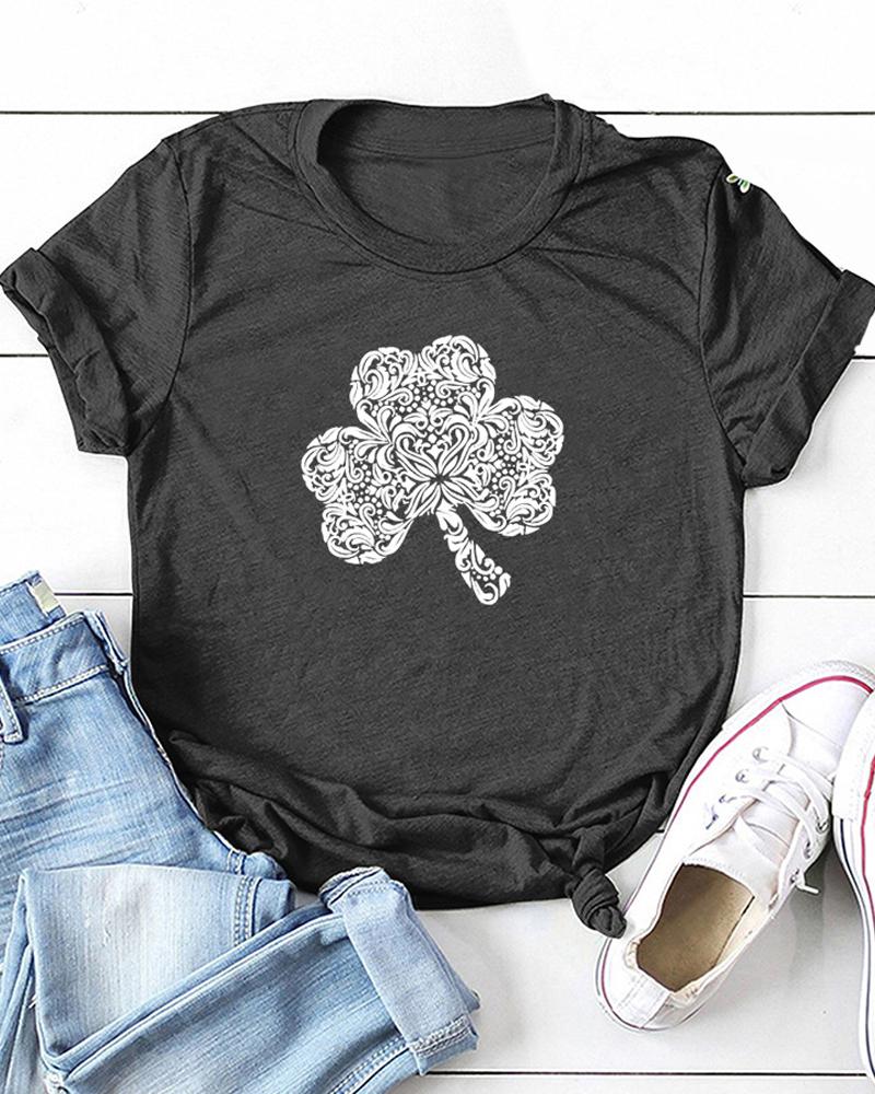 

St.Patrick' Day Clover Print Short Sleeve T-Shirt, Dark grey