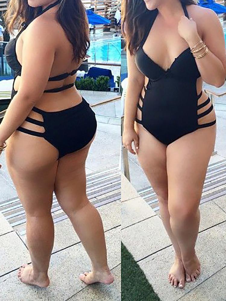 

Women Sexy Plus Size High Waist Bandage Hollow Out Monokini Swimsuit, Black