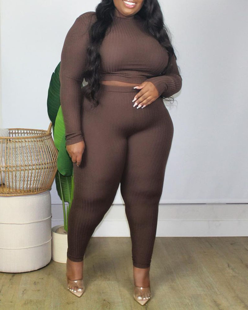 

Plus Size Ribbed Long Sleeve Top & High Waist Pants Set, Brown