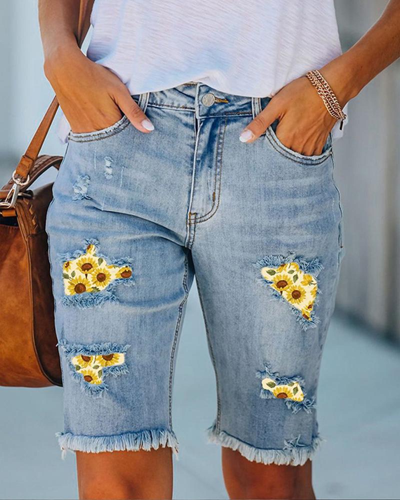 

Sunflower Print Patchwork Raw Hem Denim Shorts, Blue