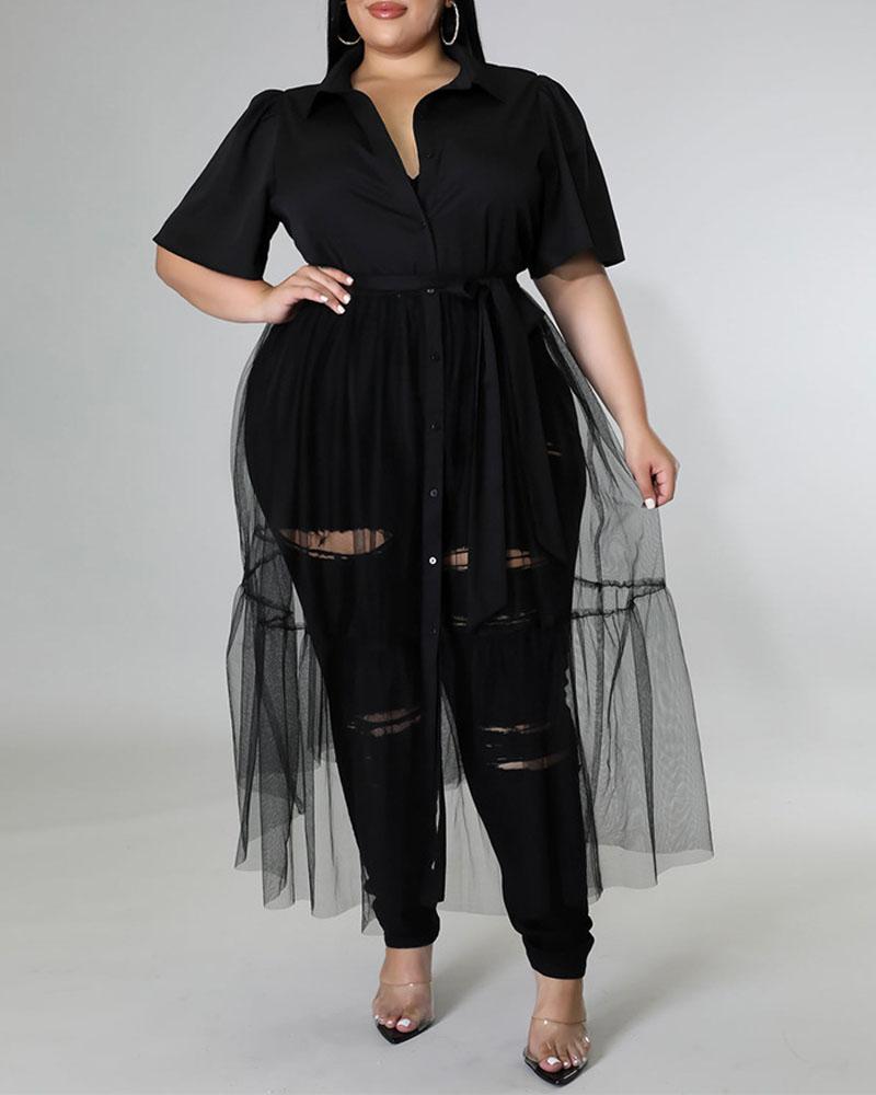 

Plus Size Contrast Mesh Button Down Longline Shirt, Black