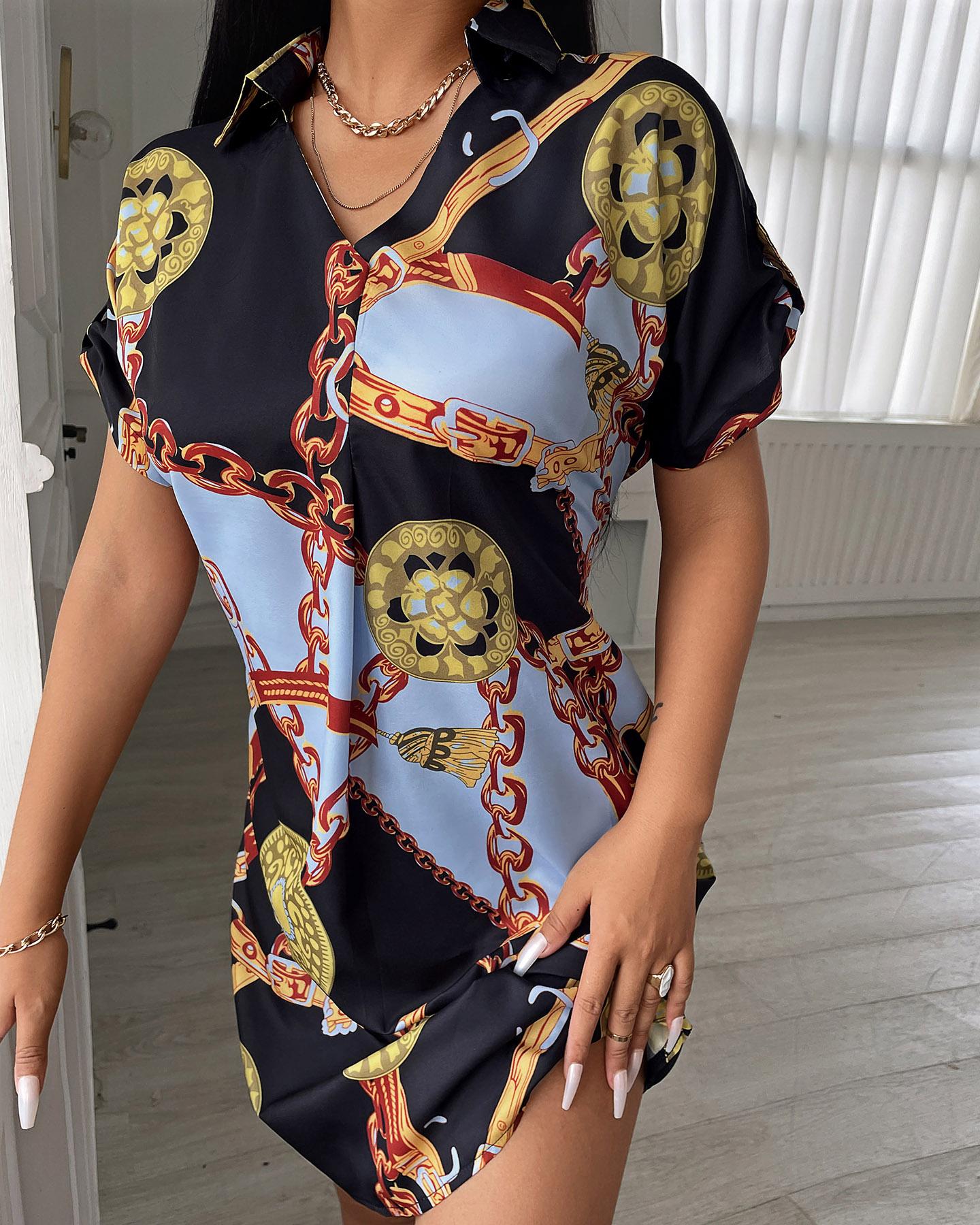 

Chain Print Roll Up Sleeve Shirt Dress, Black