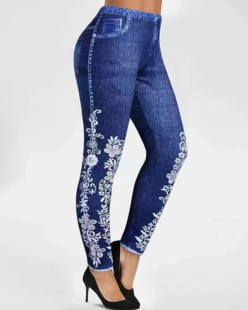 

Women's Faux Denim Printed High Waist Leggings, Blue