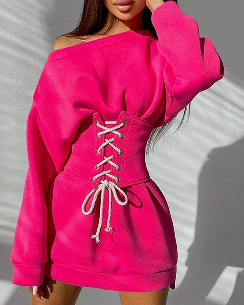 

Long Sleeve Sweatshirt Dress With Eyelet Lace-up Corset, Pink