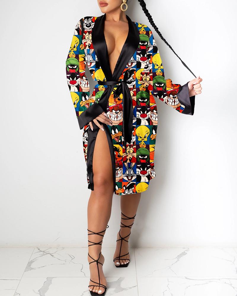 

Cartoon / Letter / Butterfly Print High Slit Robe, Yellow