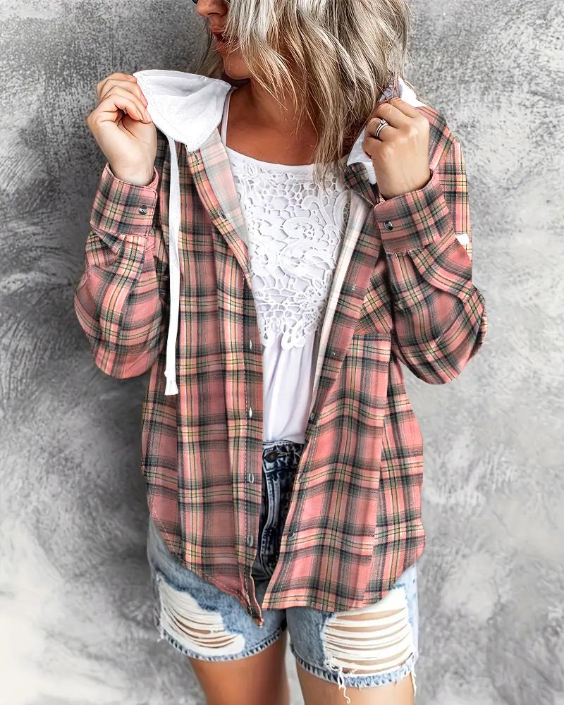 

Colorblock Plaid Print Buttoned Hooded Top, Pink