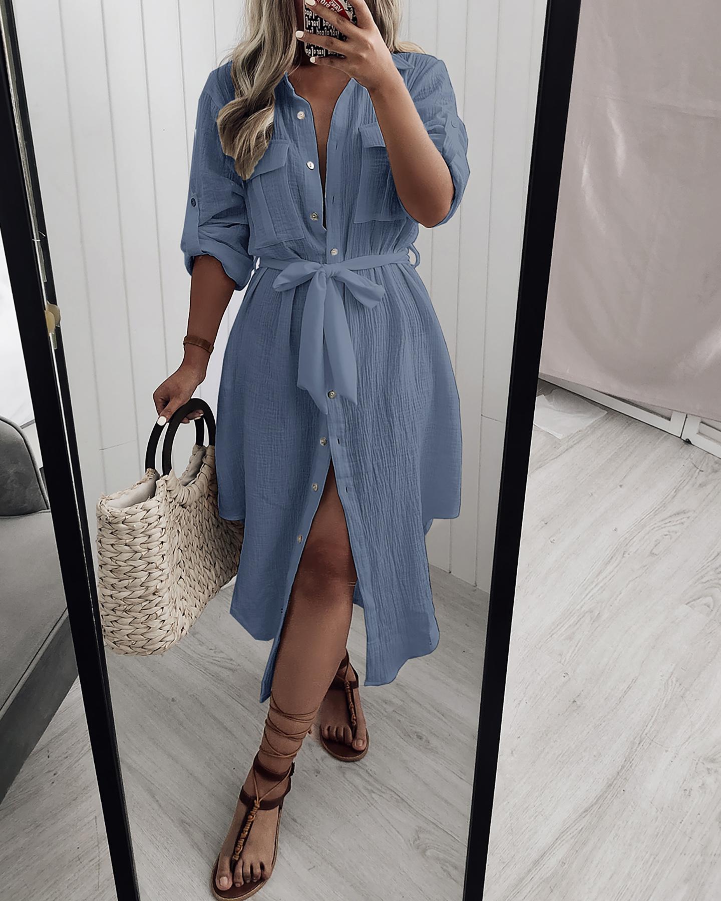 

Button Design Short Sleeve Shirt Dress, Blue