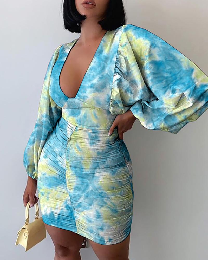 

Tie Dye Print Lantern Sleeve Ruched Bodycon Dress, Blue