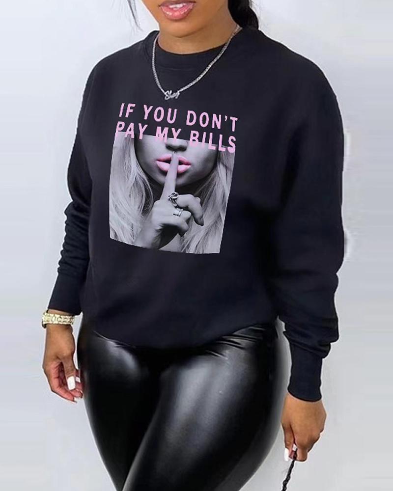 

Plus Size Slogan Print Long Sleeve Sweatshirt, Black