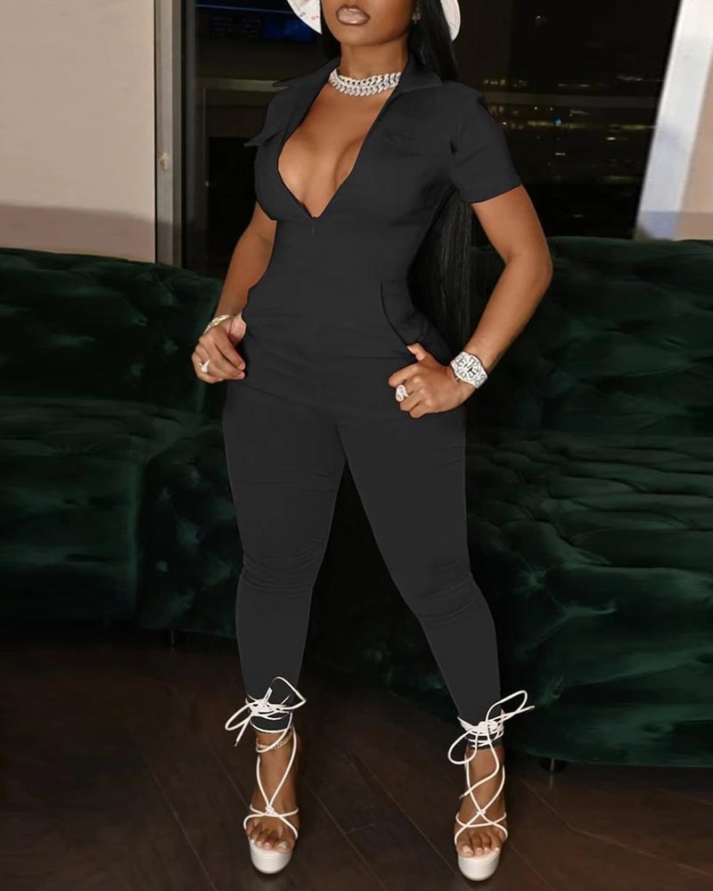 

Pocket Zipper Design Short Sleeve Jumpsuit, Black