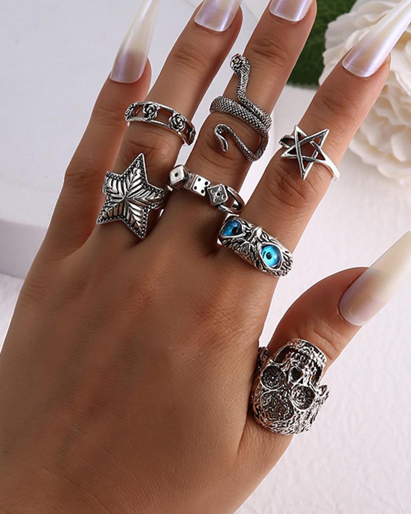 

7pcs Halloween Skull Head Star Floral Scary Animal Rings Set, Silver