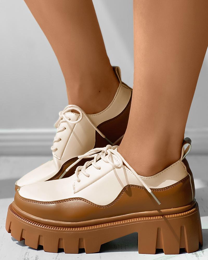 

Lace-up Colorblock Slip On Flatform Shoes, Brown