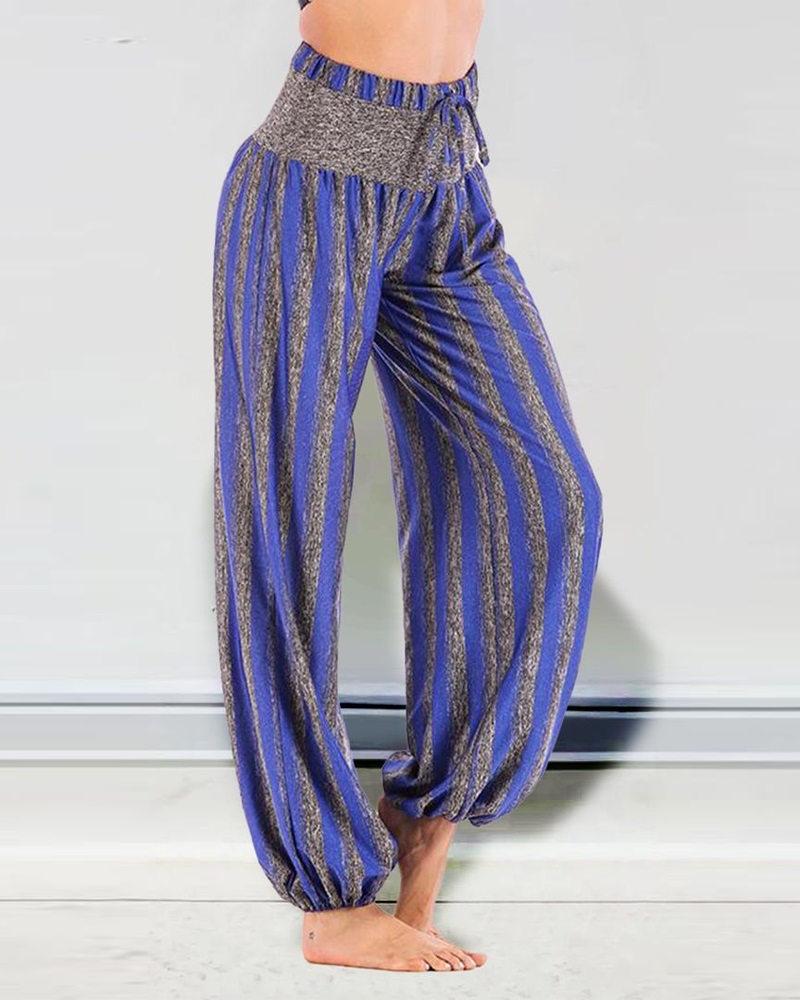 

Striped Print Drawstring High Waist Pants, Blue