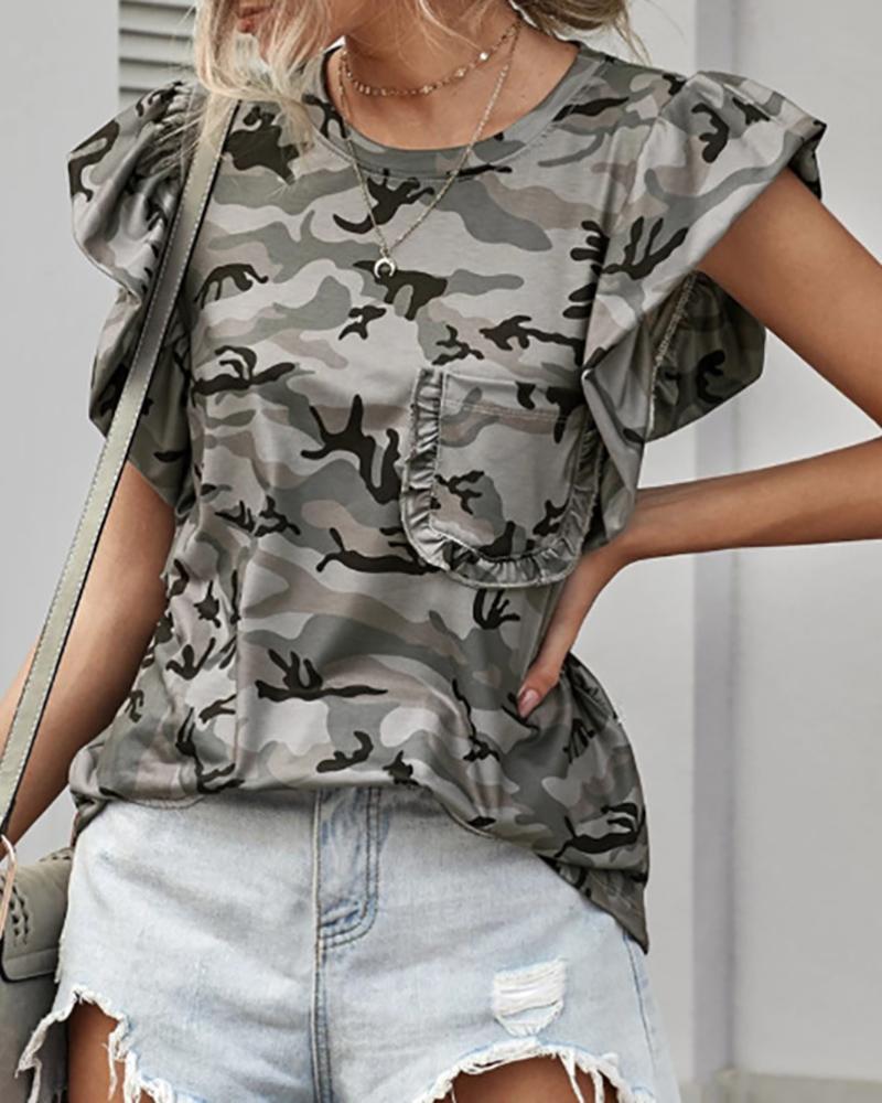 

Pocket Design Leopard / Camouflage Print Ruffle Hem T-Shirt, Style3