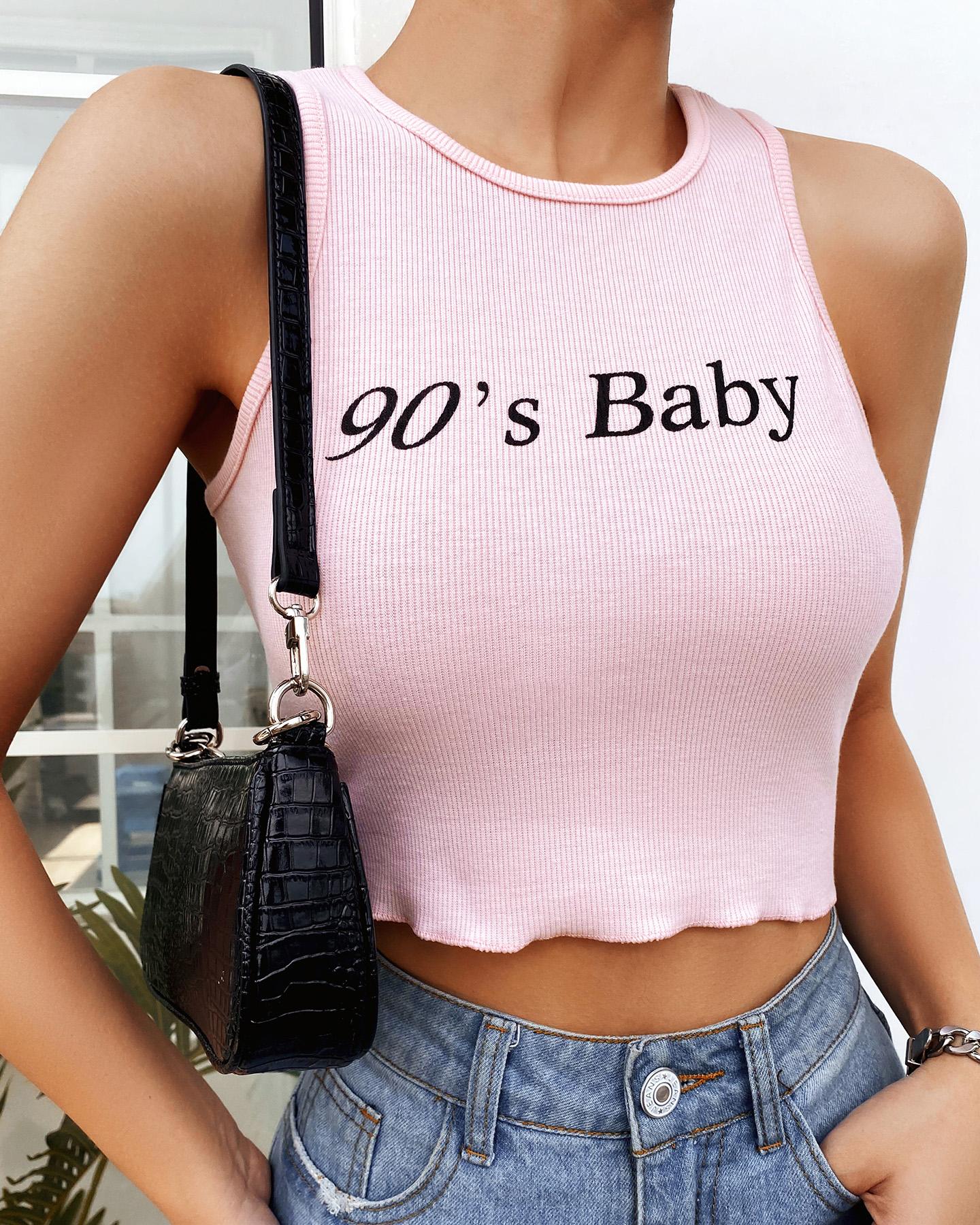 

Knit Letter Print Frill Hem Crop Top, Pink