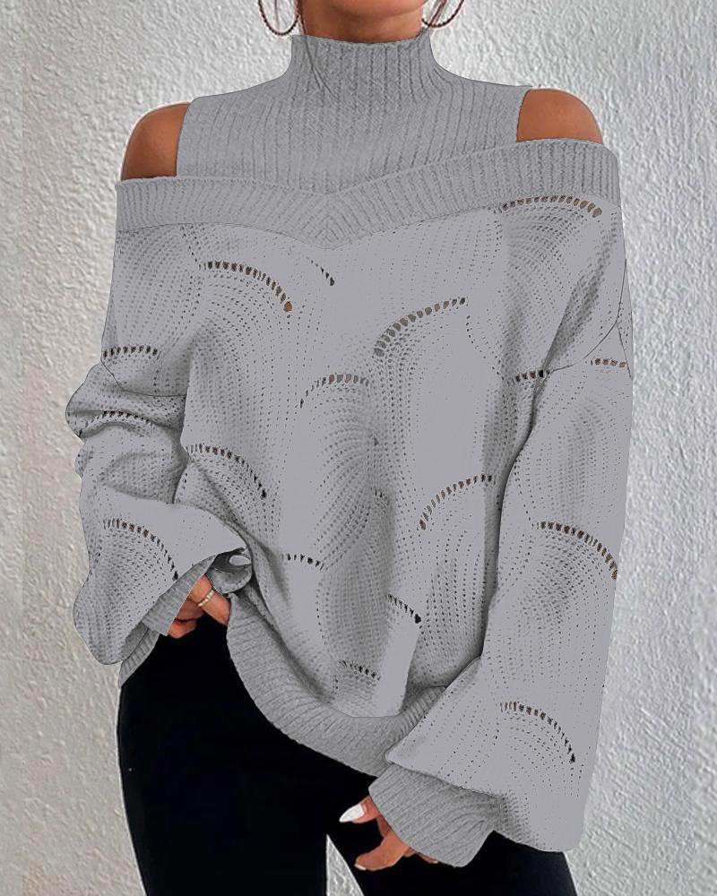 

Cold Shoulder Lantern Sleeve Hollow-out Knit Sweater, Gray