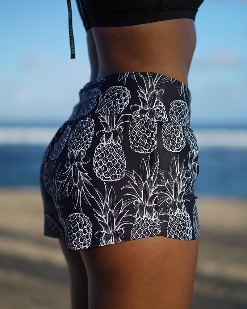 

PINEAPPLE PRINT SKINNY HIGH WAIST ACTIVE SHORTS, Black